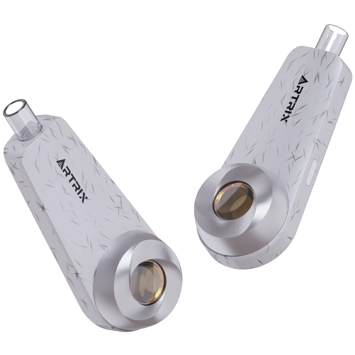 Artrix disposable vape pen with simulated metal sprayed outer ring decoration and premium glass mouthpiece; UV 3D printing and water transfer printing finish.