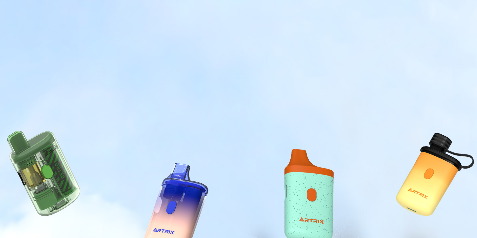 Artrix Retro 1+9 Program Disposable cannabis vape ODM/OEM solutions, transparent 1mL capacity, button control, 3 pre-heating modes. Available in 9 distinctive design options.
