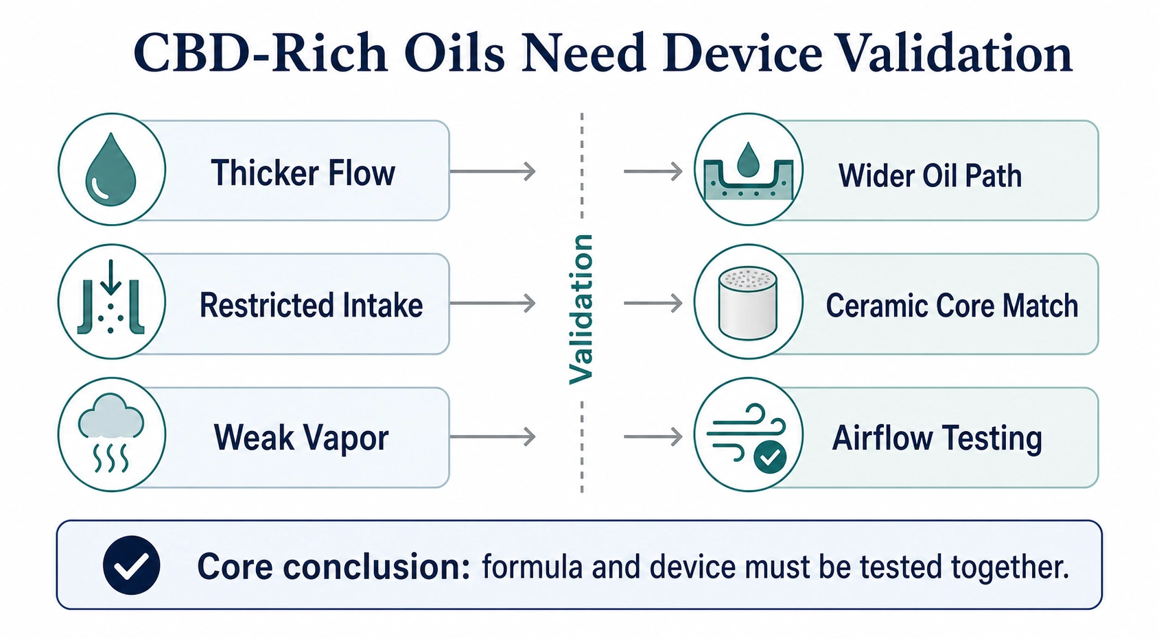Flow infographic showing CBD-rich oil problems such as thicker flow, restricted intake, and weak vapor matched with wider oil paths, ceramic core matching, and airflow testing.