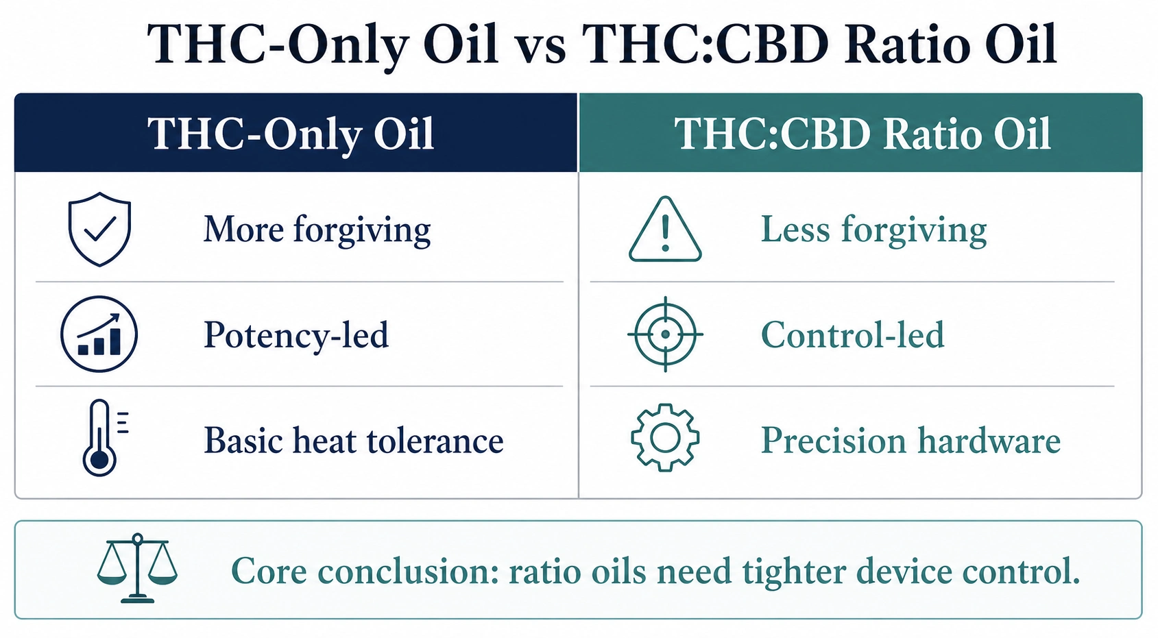 Two-column infographic comparing THC-only oil as more forgiving and potency-led with THC:CBD ratio oil as less forgiving and requiring precision hardware.