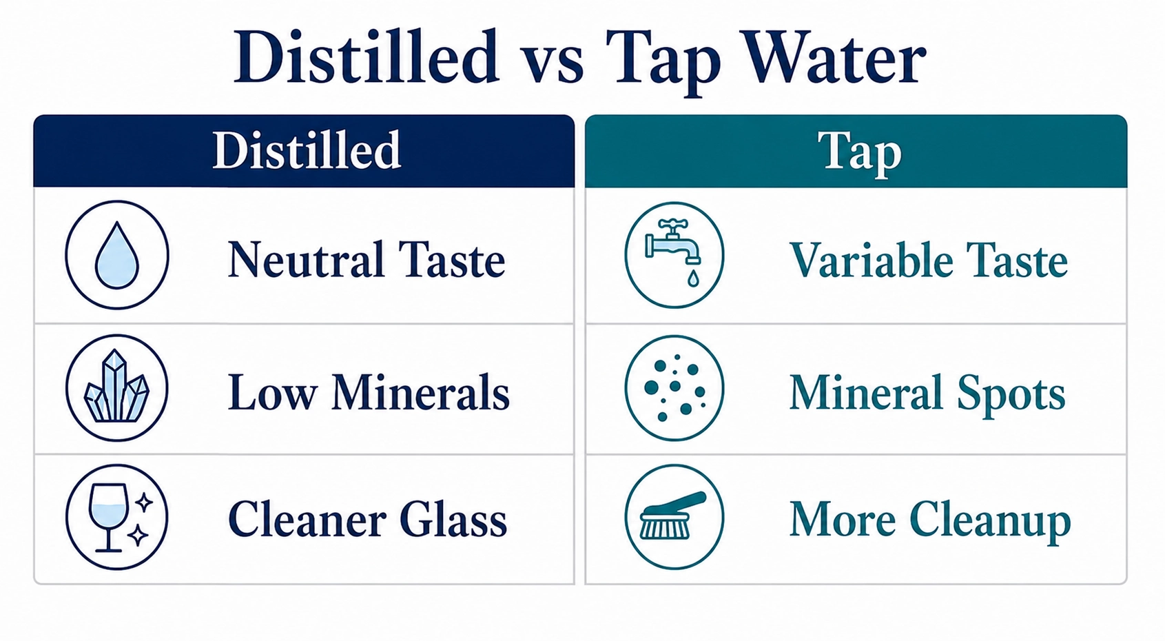 Two-column comparison showing distilled water as neutral, low-mineral, and cleaner, versus tap water as variable and higher cleanup.