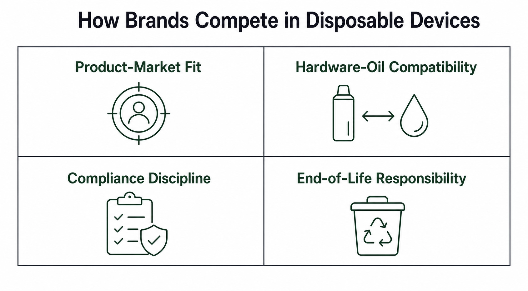 Four-quadrant infographic showing how brands compete in disposable devices through product-market fit, hardware-oil compatibility, compliance discipline, and end-of-life responsibility.