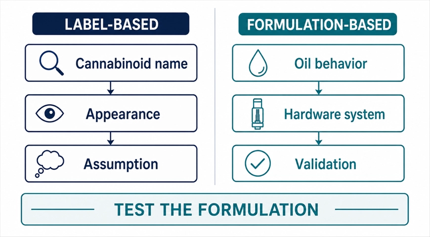 Comparison showing cannabinoid-name assumptions versus oil behavior, hardware-system evaluation, and validation.