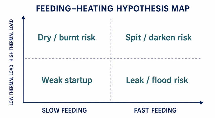 Four-quadrant map connecting feeding speed and thermal load with possible cartridge-performance risks.