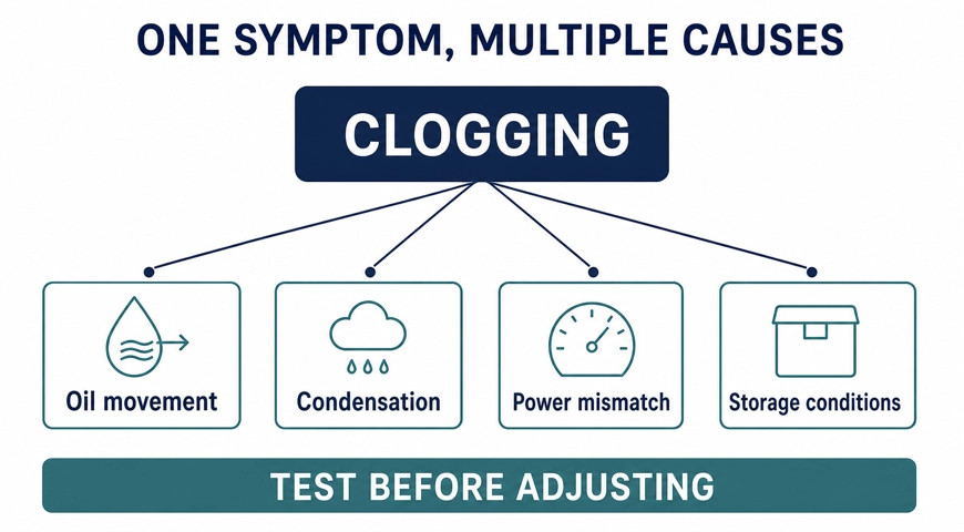 Clogging connected to oil movement, condensation, power mismatch, and storage conditions.