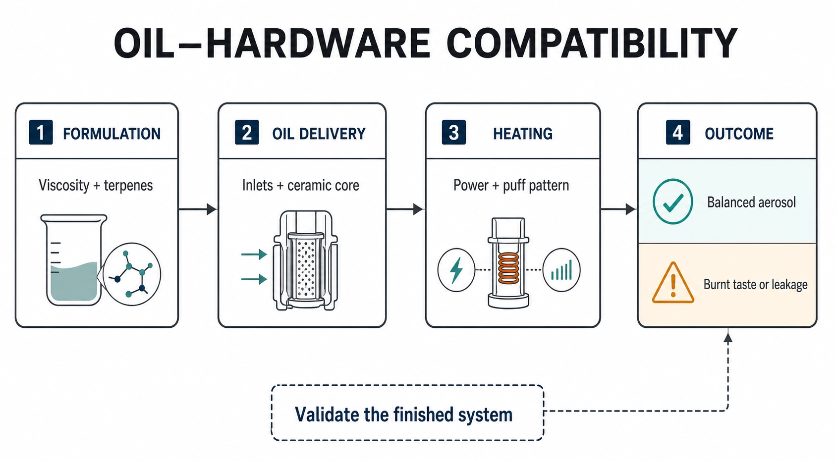 Four-stage flow connecting formulation, oil delivery, and heating conditions to balanced aerosol or possible burnt taste and leakage.