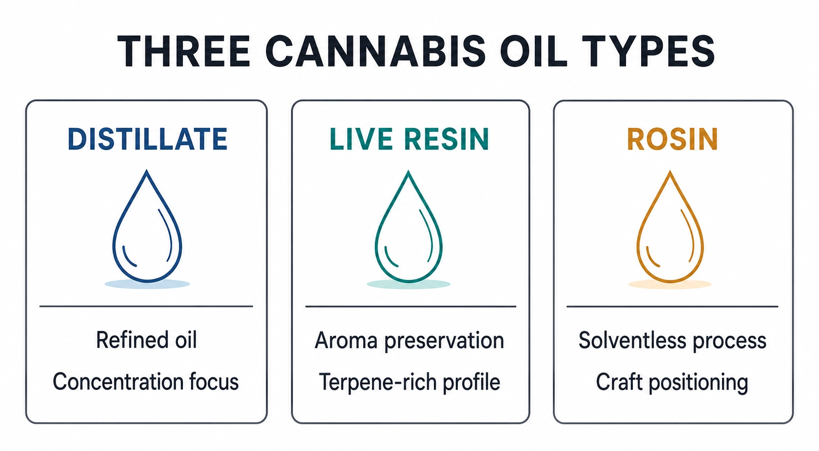 Three-card comparison of distillate, live resin, and rosin by refinement, aroma preservation, and solventless processing.