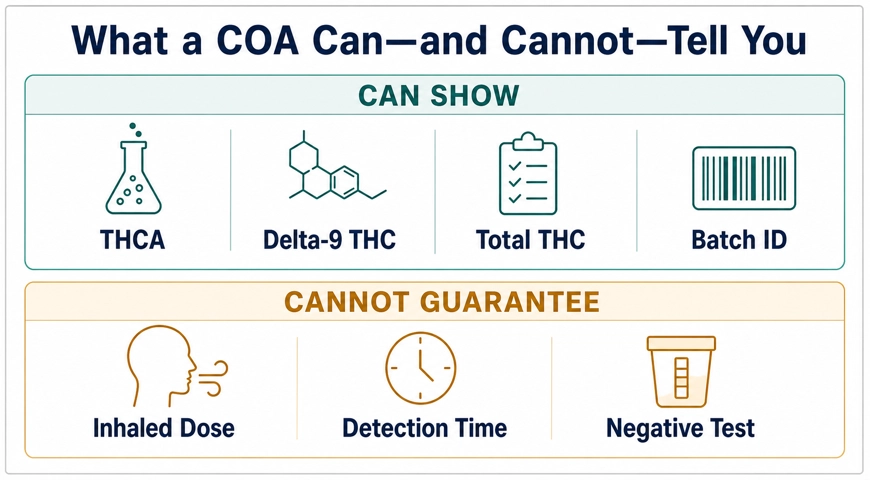 A COA can report THCA, delta-9 THC, total THC, and batch ID, but cannot guarantee inhaled dose, detection time, or a negative test.