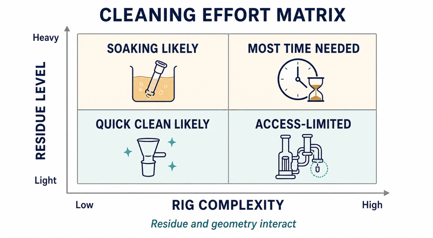 Four-quadrant matrix showing likely cleaning effort based on residue level and rig complexity.