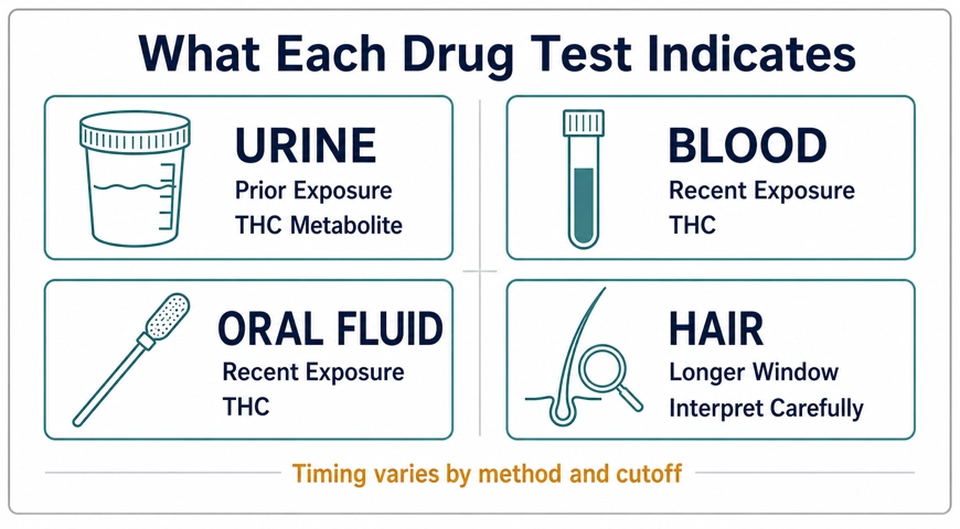 Comparison of urine, blood, oral-fluid, and hair tests, showing their general analytical focus and interpretation.
