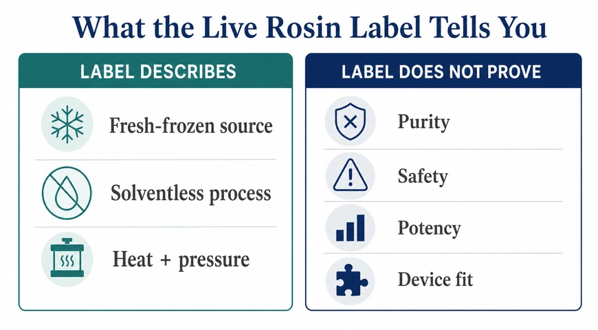 Two-panel comparison showing that a live rosin label describes its source and process but does not prove purity, safety, potency, or device fit.