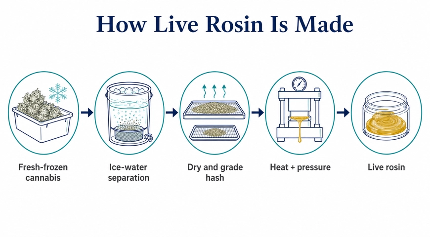 Five-stage diagram showing fresh-frozen cannabis progressing through ice-water separation, hash drying, heat and pressure, and finished live rosin.