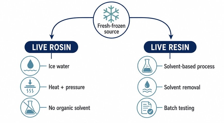 Comparison of live rosin’s ice-water and pressure process with live resin’s solvent-based process and batch testing.
