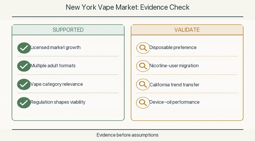 Two-column evidence check for New York’s vape market, contrasting four supported market facts with four claims requiring validation.