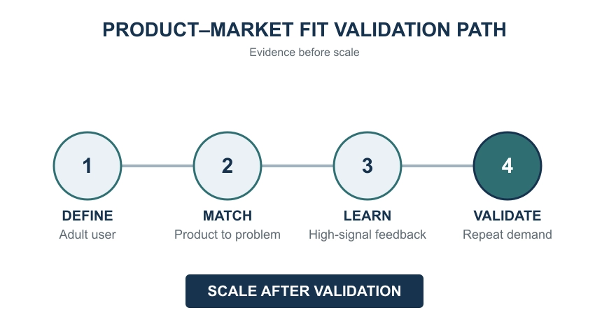 Four-stage pathway showing define the adult user, match product to problem, learn from feedback, and validate repeat demand before scaling.