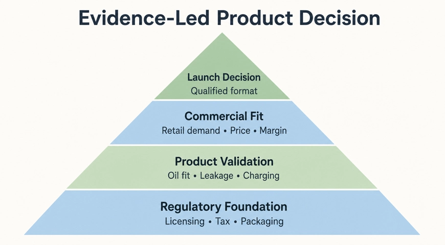 Four-tier pyramid showing regulatory foundation and product validation supporting commercial fit and a qualified launch decision.