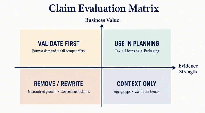 Four-quadrant matrix mapping evidence strength against business value and categorizing claims by recommended treatment.