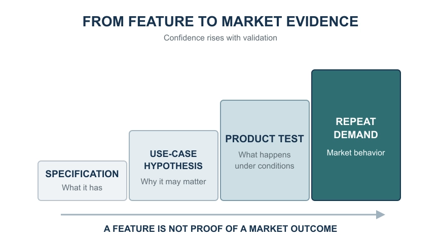 Four-step evidence ladder progressing from specification to use-case hypothesis, product testing, and repeat demand.