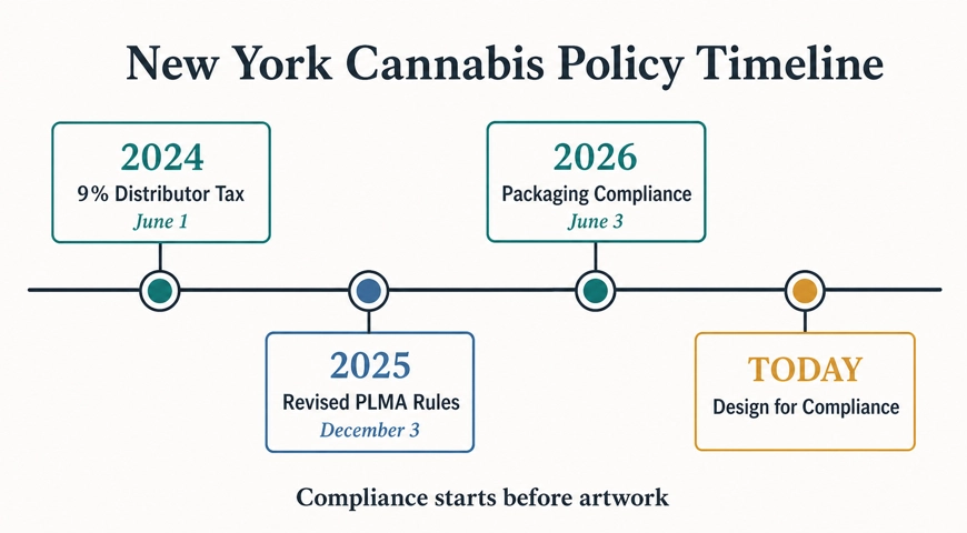 Timeline showing New York’s 2024 distributor tax, 2025 PLMA rules, 2026 packaging compliance date, and present-day compliance-led design.