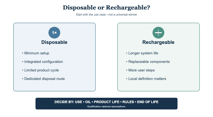 Comparison of disposable and rechargeable formats based on setup, product life, components, and disposal.