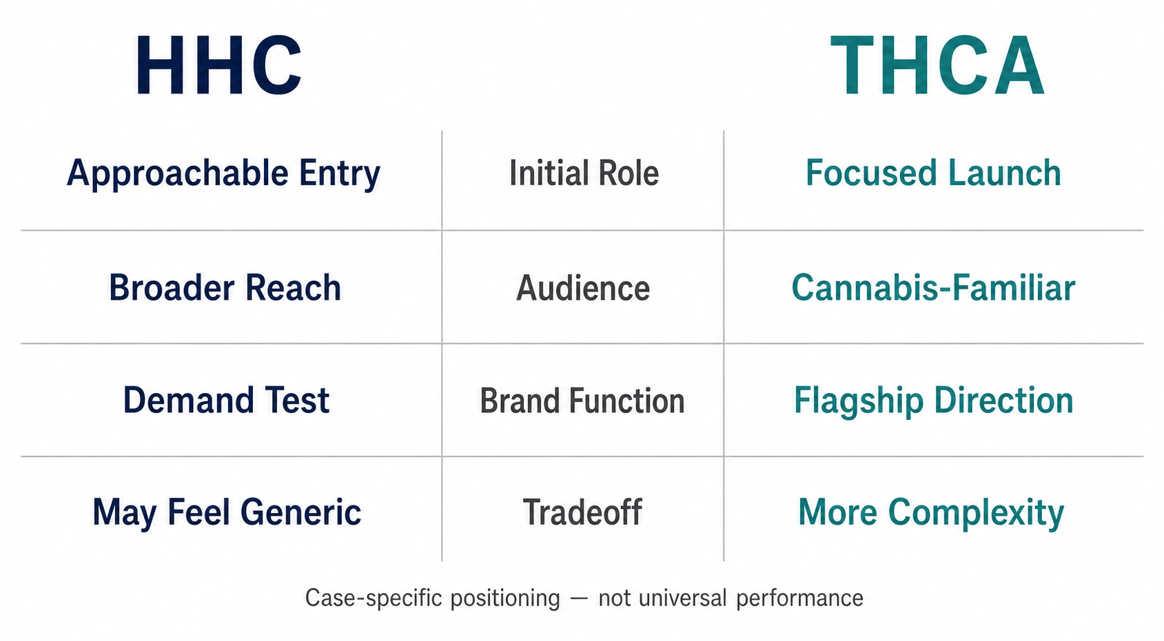 Two-column comparison of HHC and THCA across initial role, audience, brand function, and primary tradeoff.