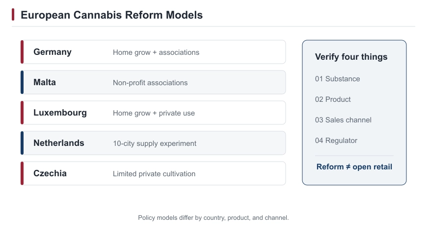 Comparison of cannabis reform models in Germany, Malta, Luxembourg, the Netherlands, and Czechia, emphasizing that reform does not automatically permit open commercial vape retail.