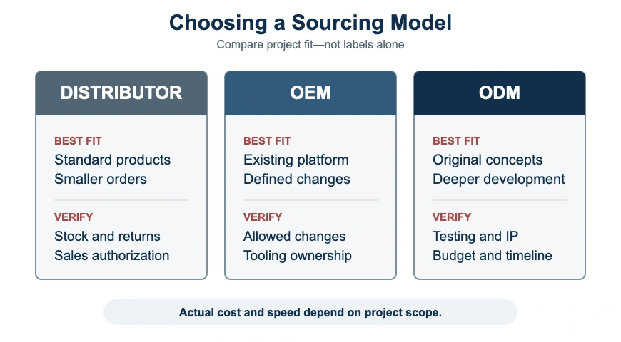 Comparison of distributor, OEM, and ODM sourcing models by best-fit scenario and verification requirements.