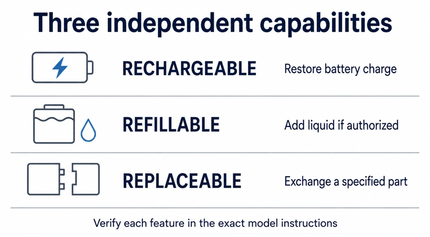 Three-row comparison distinguishing rechargeable, refillable, and replaceable device capabilities.