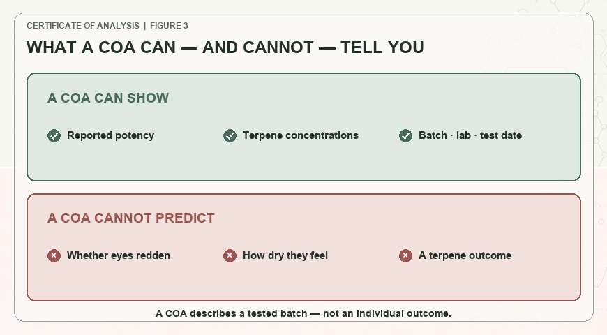 Diagram showing that a cannabis COA reports potency, terpene concentrations, batch, laboratory, and date but cannot predict eye redness or dryness.