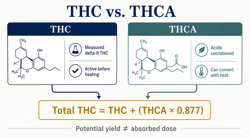 THC and THCA comparison leading to the Total THC formula and a distinction between potential yield and absorbed dose.