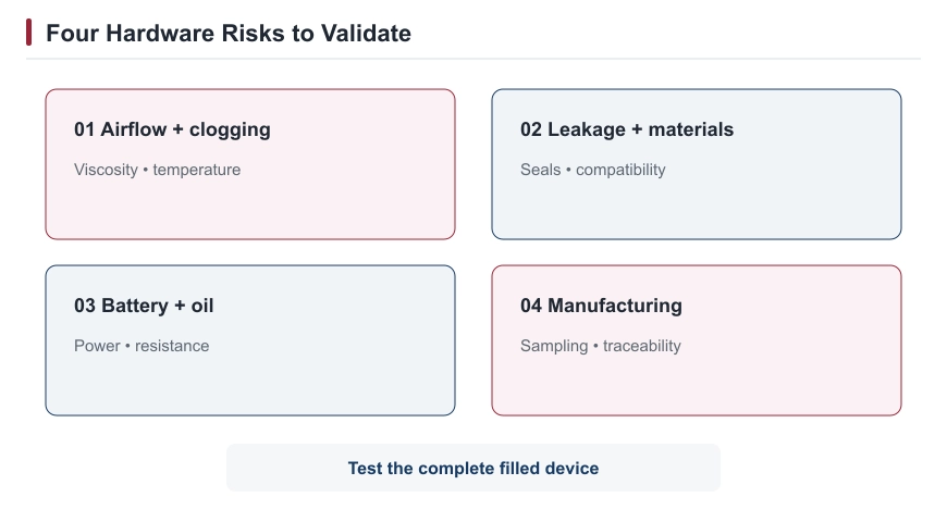 Four-quadrant diagram of cannabis vape hardware risks: airflow and clogging, leakage and materials, battery and oil matching, and manufacturing consistency.