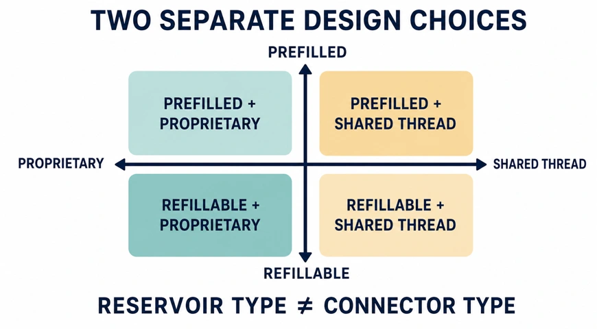 Four-quadrant diagram separating prefilled and refillable reservoirs from proprietary and shared-thread connections.