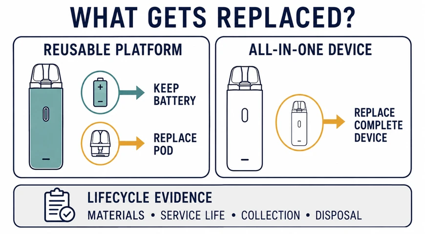 1. Comparison showing which components are retained or replaced in reusable and all-in-one vape platforms.