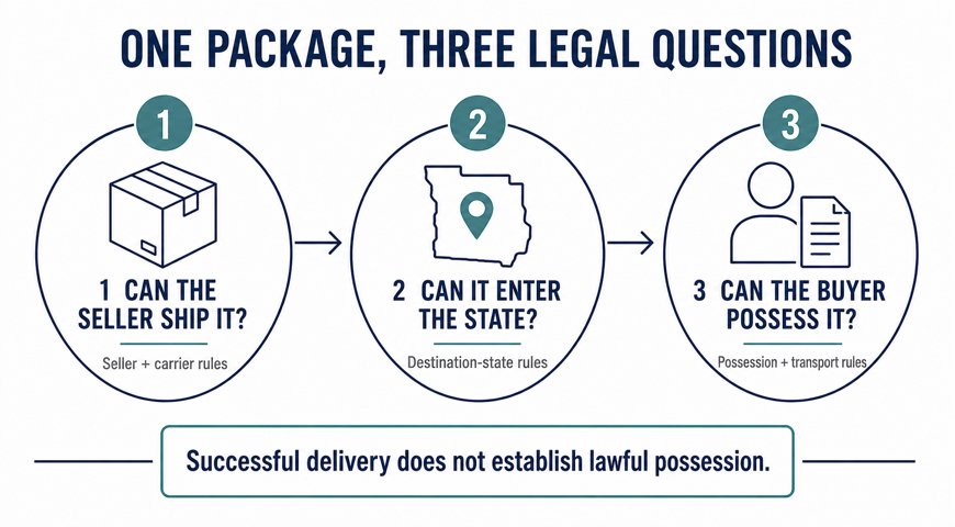 Three-stage flow separating seller shipping rules, destination-state rules, and buyer possession or transportation rules.