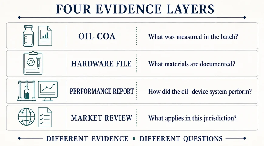 Four equal evidence layers showing that an oil COA, hardware file, performance report, and market review answer different qualification questions.