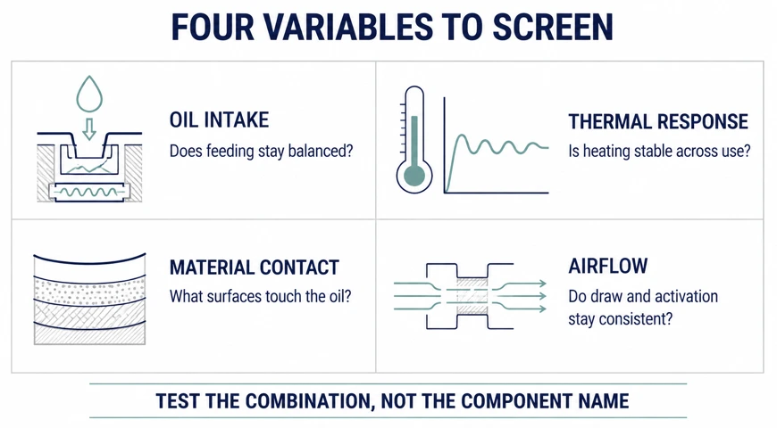Four-quadrant diagram of oil intake, thermal response, material contact, and airflow as variables to screen when matching cannabis hardware to an extract.
