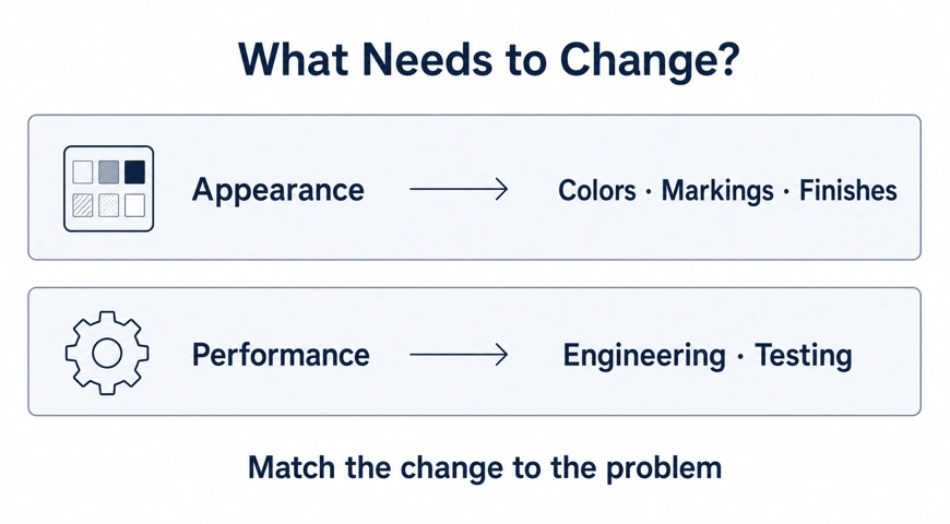 Comparison of appearance changes through colors and finishes with performance changes through engineering and testing.