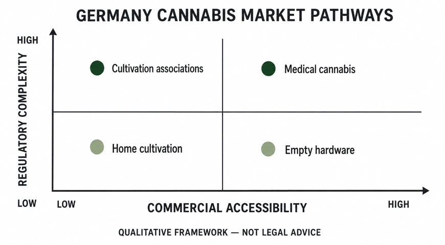 Four-quadrant chart comparing home cultivation, cultivation associations, medical cannabis, and empty hardware by regulatory complexity and commercial accessibility.