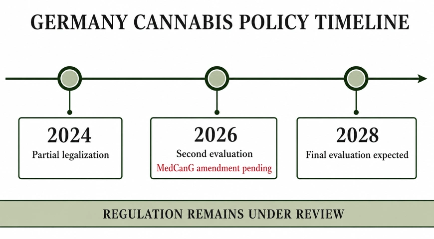 Timeline of Germany’s cannabis policy from partial legalization in 2024 through the 2026 evaluation to the expected final evaluation in 2028.