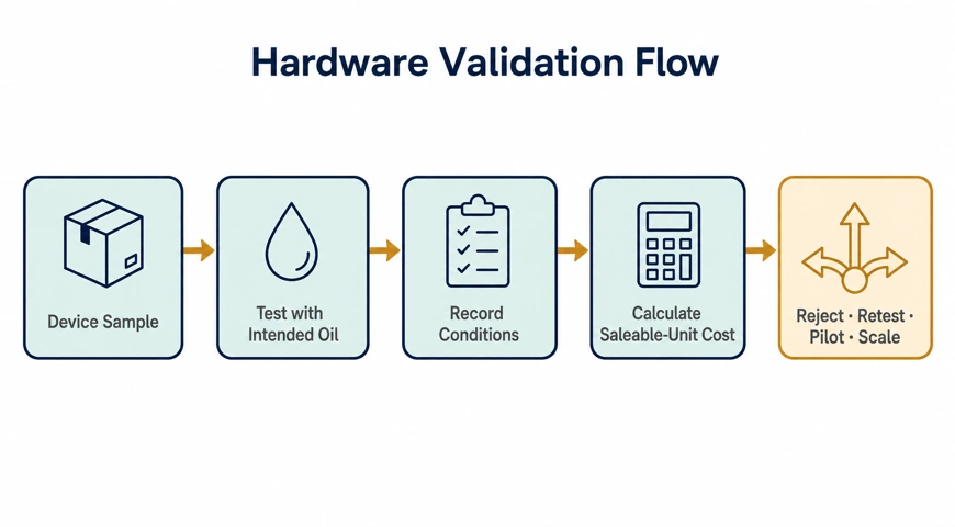 Five-stage hardware validation flow from device sampling and oil testing through condition recording, cost calculation, and the final scale decision.