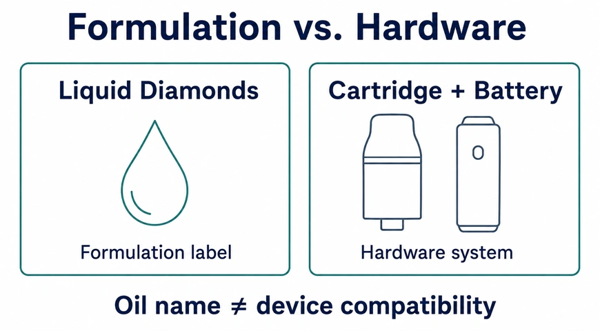 Liquid diamonds formulation label compared with cartridge and battery hardware; oil names do not confirm compatibility.