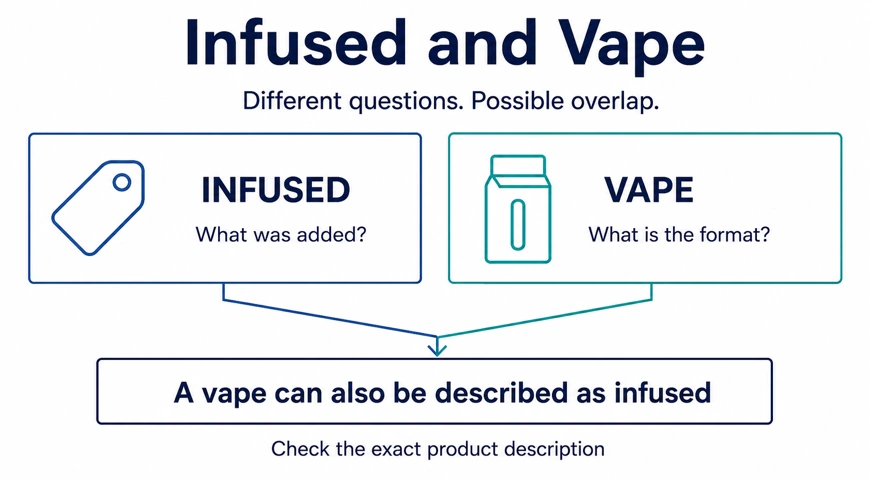 Diagram showing that infused describes an addition, vape describes a product format, and the two can overlap.