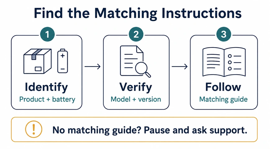 Identify the product and battery, verify the model and version, then follow the matching instructions.