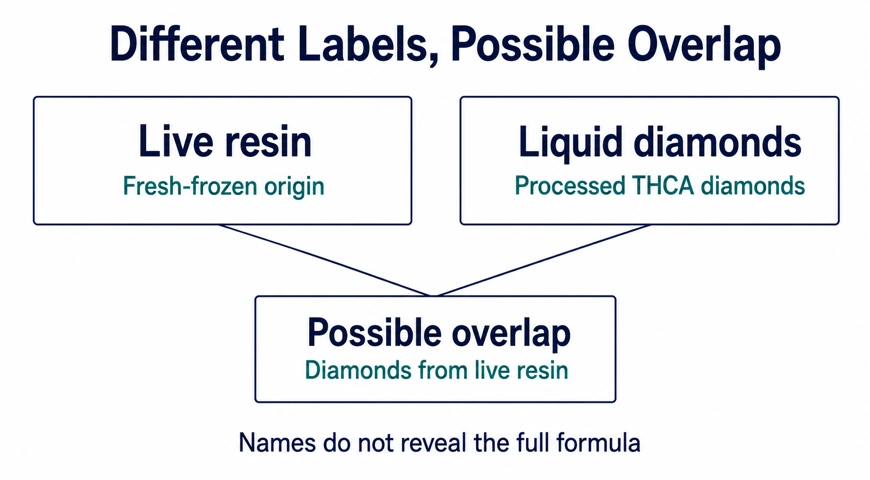 Diagram showing that liquid diamonds can originate from live resin, so the labels may overlap.