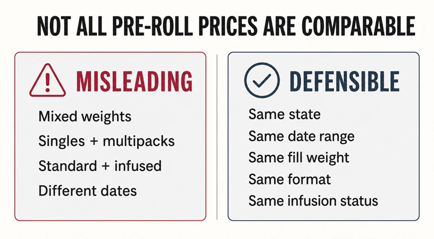 Two-panel diagram contrasting misleading pre-roll comparisons with defensible comparisons matched by state, date, weight, format, and infusion status.