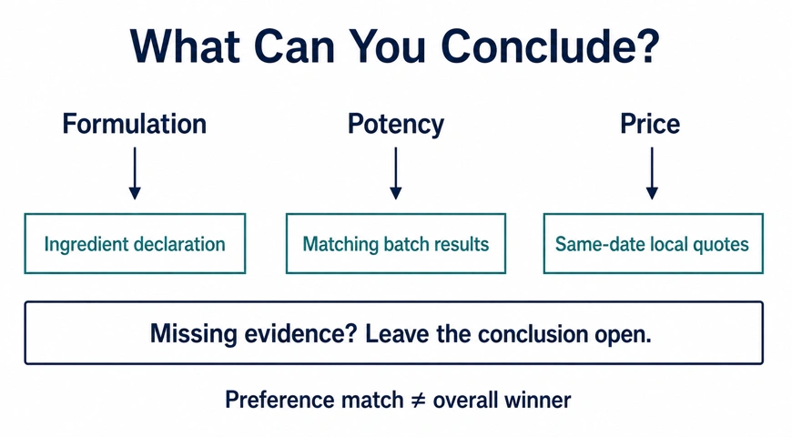 1. Diagram matching formulation, potency, and price comparisons to the evidence each requires.
