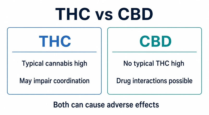 THC and CBD comparison showing differences in intoxication and selected risks; both can cause adverse effects.