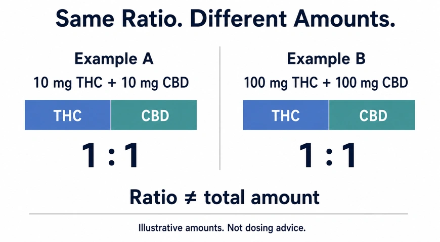 Two THC and CBD examples share a 1:1 ratio but contain different total amounts.