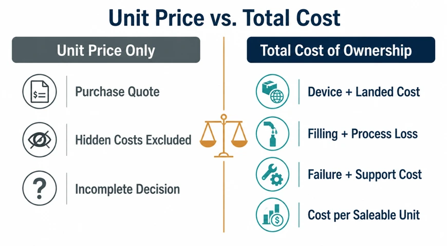 Two-column comparison showing how unit price excludes hidden costs while total cost includes landed, filling, process-loss, failure, and support expenses.